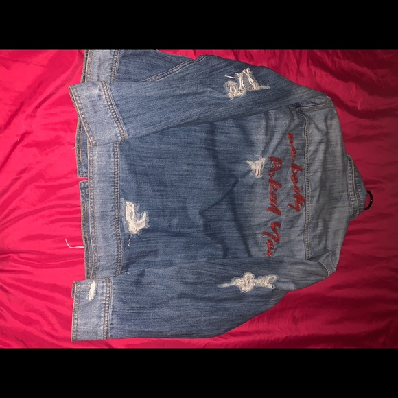 REBEL OVERSIZED RIPPED DENIM JACKET W/ EMBROIDERY - Picture 2 of 3